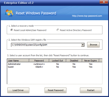 Windows xp user password recovery